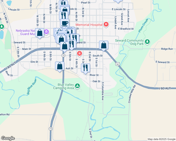map of restaurants, bars, coffee shops, grocery stores, and more near 542 South 3rd Street in Seward