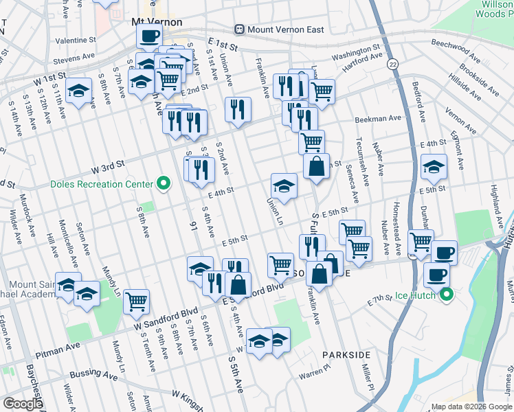 map of restaurants, bars, coffee shops, grocery stores, and more near 331 South 1st Avenue in Mount Vernon