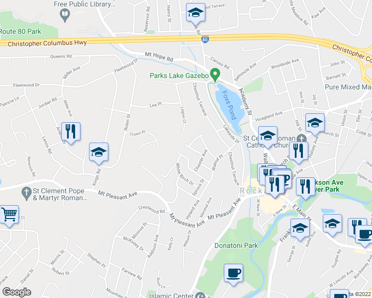 map of restaurants, bars, coffee shops, grocery stores, and more near 91 White Birch Road in Rockaway