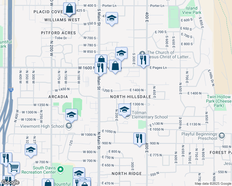 map of restaurants, bars, coffee shops, grocery stores, and more near 1339 North 250 East in Bountiful
