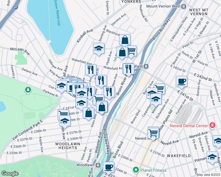 map of restaurants, bars, coffee shops, grocery stores, and more near 193 Scott Avenue in Yonkers