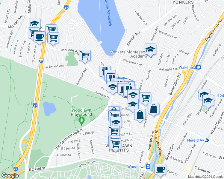 map of restaurants, bars, coffee shops, grocery stores, and more near 923 McLean Avenue in Yonkers