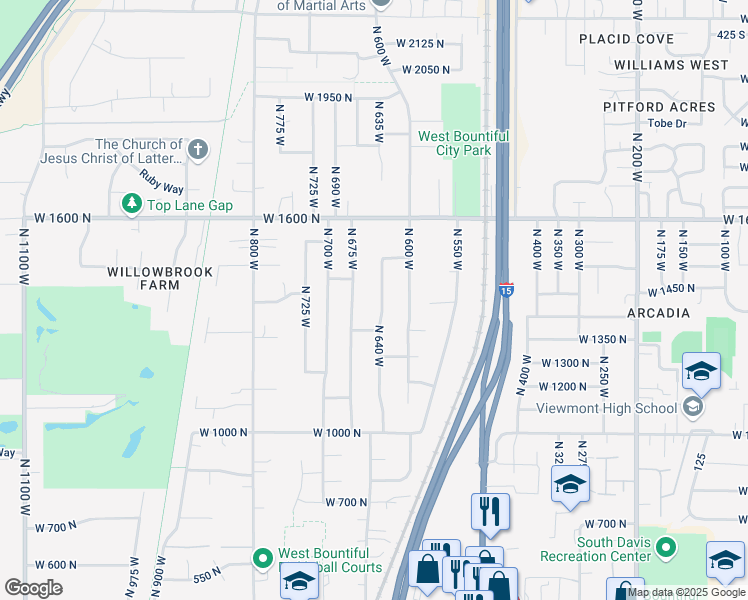 map of restaurants, bars, coffee shops, grocery stores, and more near 1335 North 640 West in West Bountiful