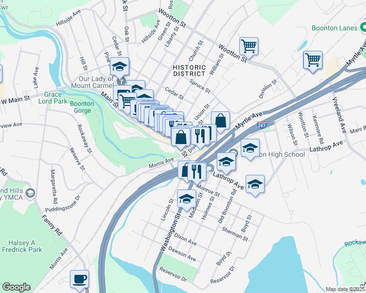 map of restaurants, bars, coffee shops, grocery stores, and more near 315 Main Street in Boonton