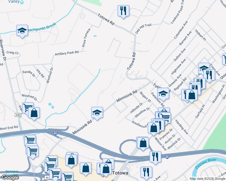 map of restaurants, bars, coffee shops, grocery stores, and more near 40 Rutherford Court in Totowa