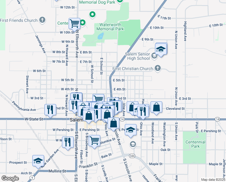 map of restaurants, bars, coffee shops, grocery stores, and more near 364 North Lincoln Avenue in Salem