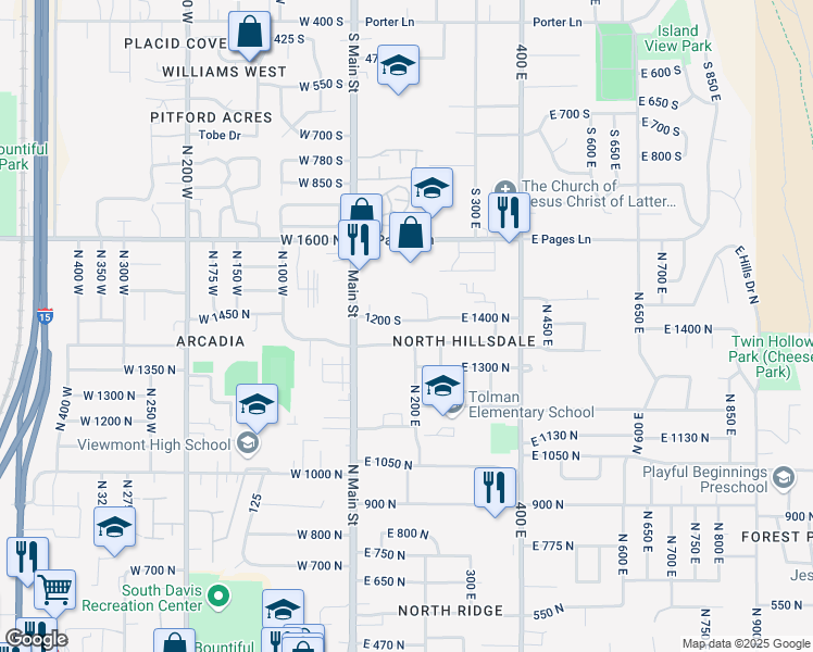 map of restaurants, bars, coffee shops, grocery stores, and more near 115 East 1350 North in Bountiful