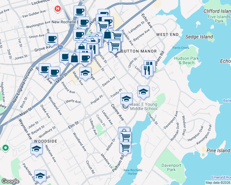 map of restaurants, bars, coffee shops, grocery stores, and more near 30 Trinity Place in New Rochelle