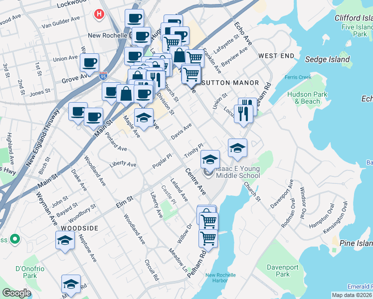 map of restaurants, bars, coffee shops, grocery stores, and more near 30 Trinity Place in New Rochelle