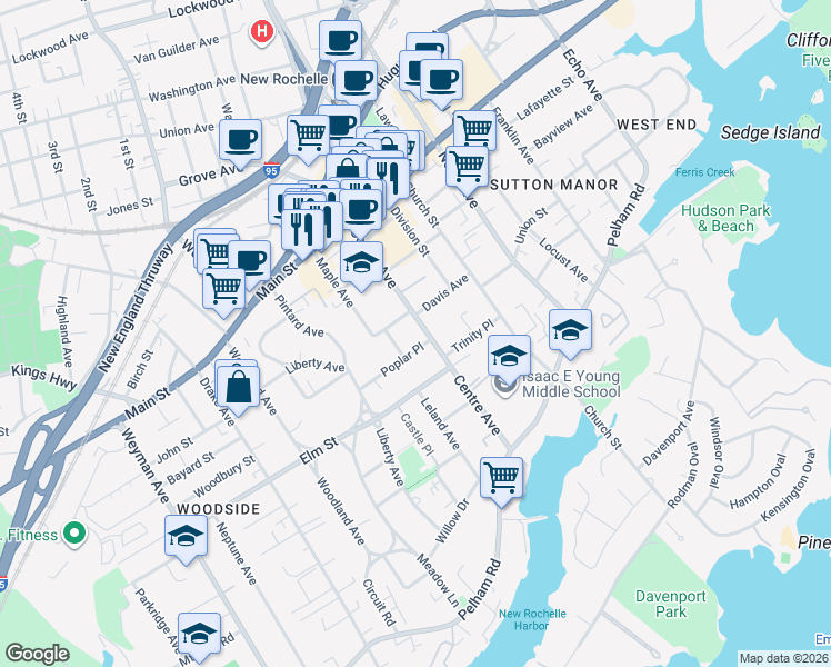 map of restaurants, bars, coffee shops, grocery stores, and more near 16 Bancker Place in New Rochelle