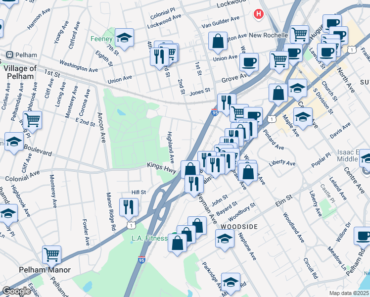 map of restaurants, bars, coffee shops, grocery stores, and more near 25 Highland Avenue in New Rochelle