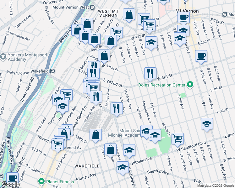 map of restaurants, bars, coffee shops, grocery stores, and more near 832 Saint Ouen Street in Bronx