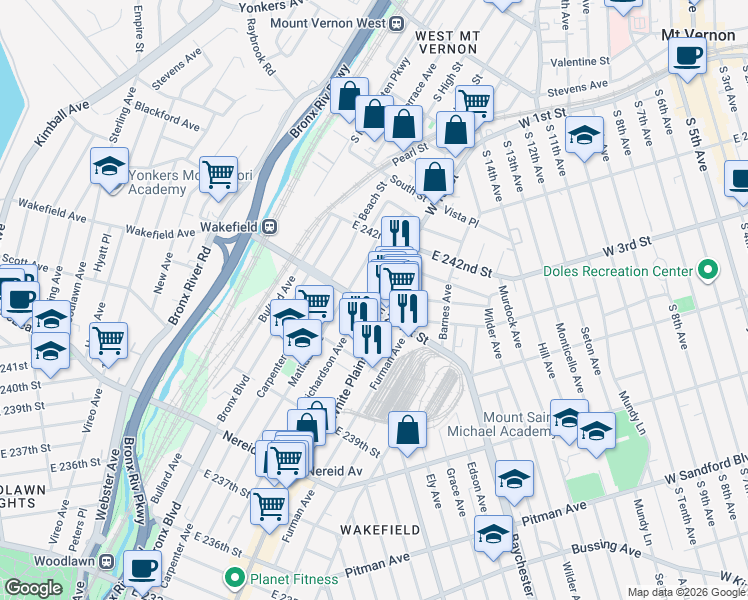 map of restaurants, bars, coffee shops, grocery stores, and more near in The Bronx