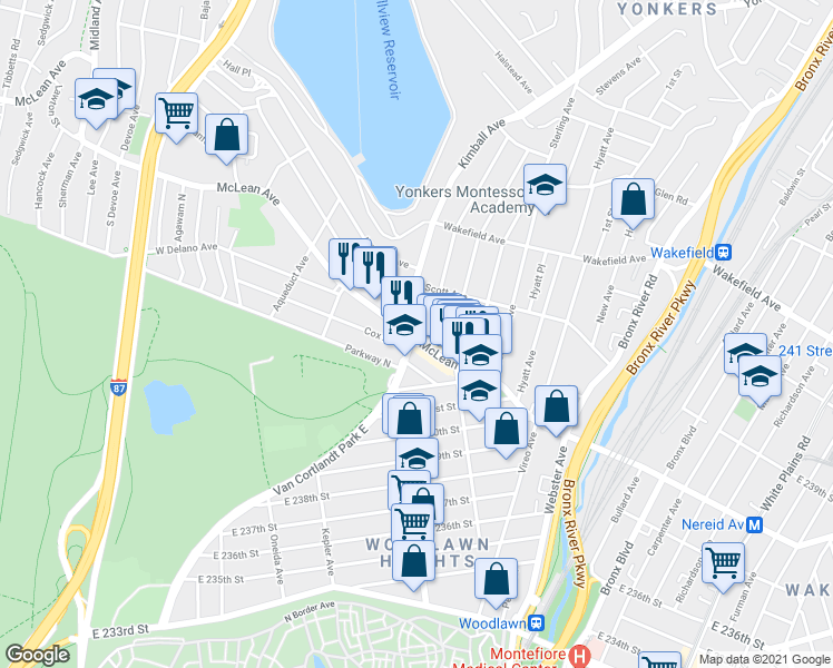 map of restaurants, bars, coffee shops, grocery stores, and more near in Yonkers