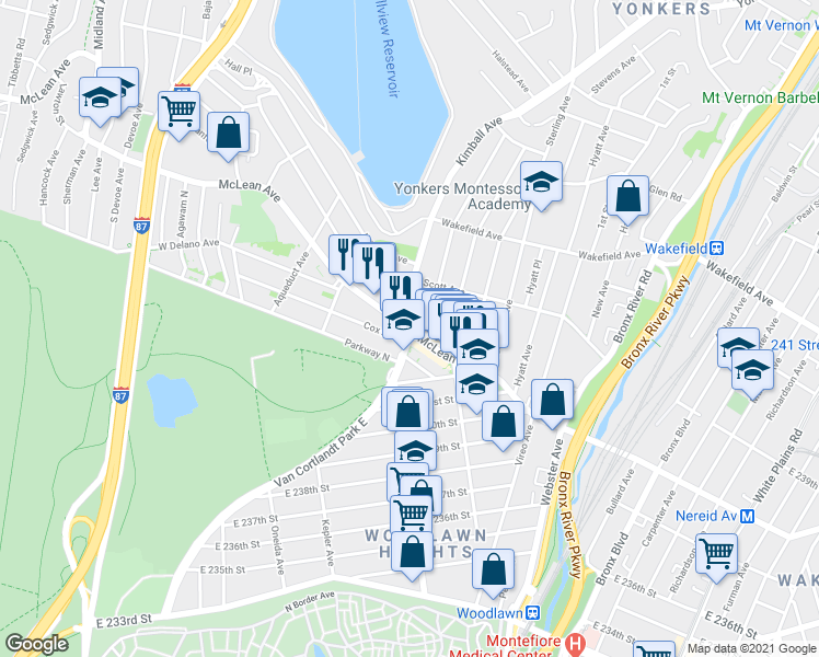 map of restaurants, bars, coffee shops, grocery stores, and more near in Yonkers