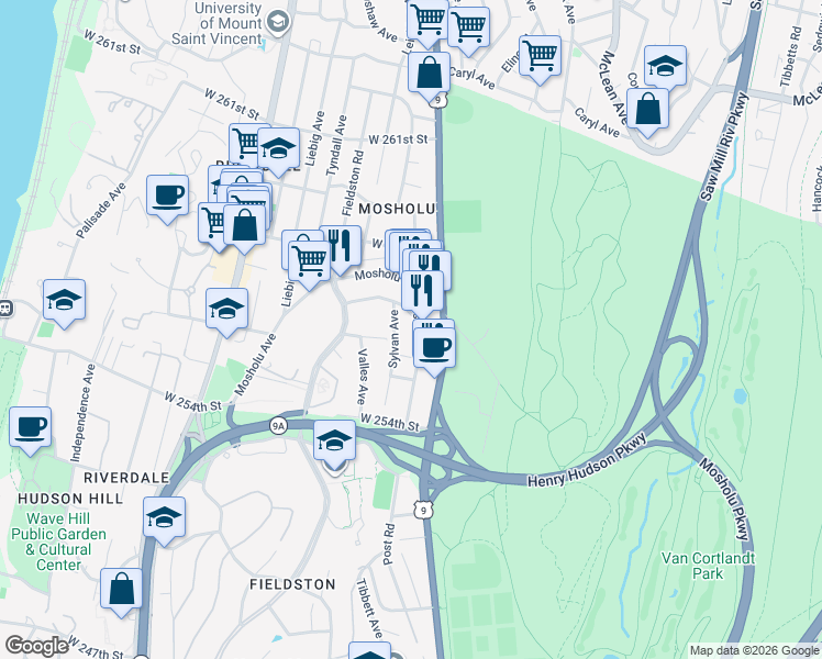map of restaurants, bars, coffee shops, grocery stores, and more near 5611 Post Road in Bronx