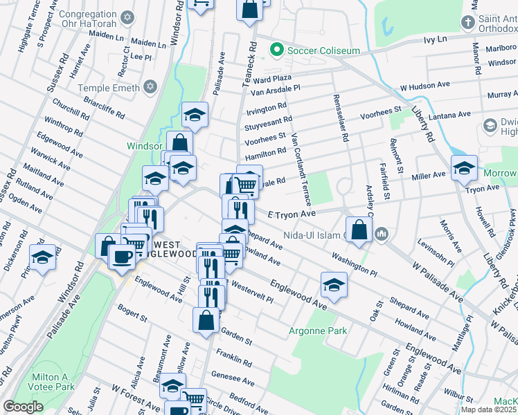 map of restaurants, bars, coffee shops, grocery stores, and more near 24 Washington Place in Teaneck