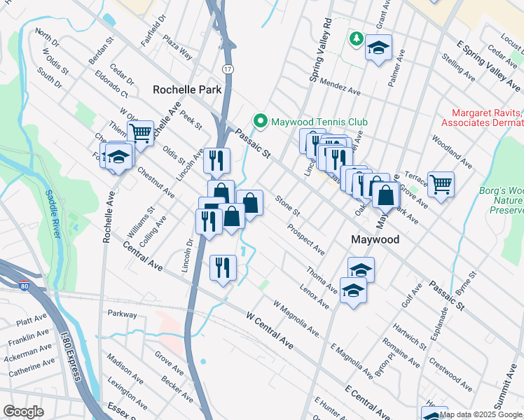 map of restaurants, bars, coffee shops, grocery stores, and more near 182 Prospect Avenue in Maywood