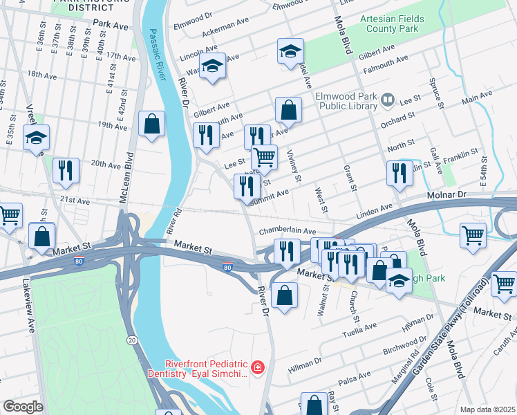 map of restaurants, bars, coffee shops, grocery stores, and more near 533 River Drive in Elmwood Park