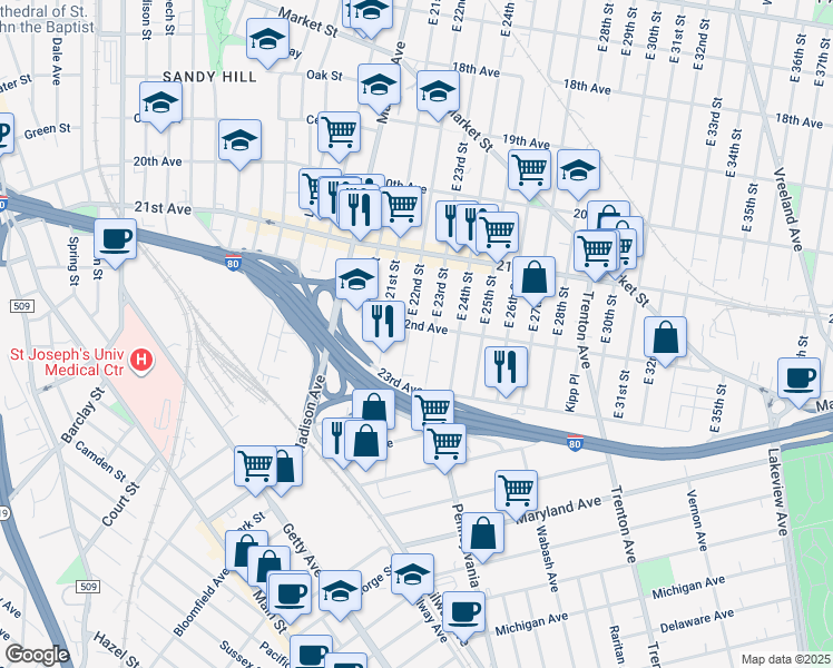 map of restaurants, bars, coffee shops, grocery stores, and more near 1088 East 22nd Street in Paterson