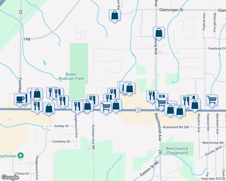 map of restaurants, bars, coffee shops, grocery stores, and more near 2156 Westwood Court in Alliance