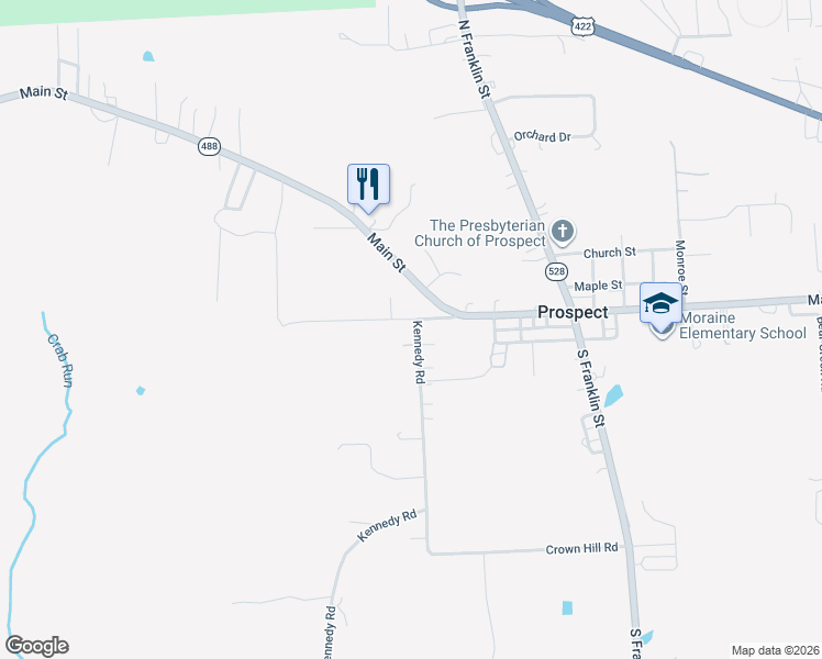 map of restaurants, bars, coffee shops, grocery stores, and more near 100 Wilson Road in Prospect