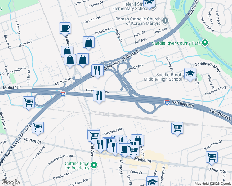 map of restaurants, bars, coffee shops, grocery stores, and more near in Saddle Brook