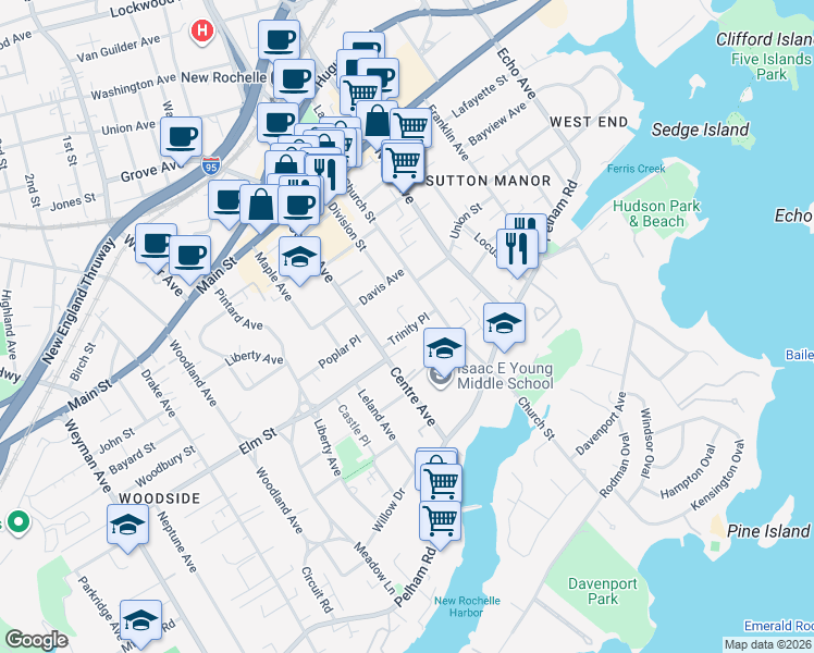 map of restaurants, bars, coffee shops, grocery stores, and more near 30 Trinity Place in New Rochelle