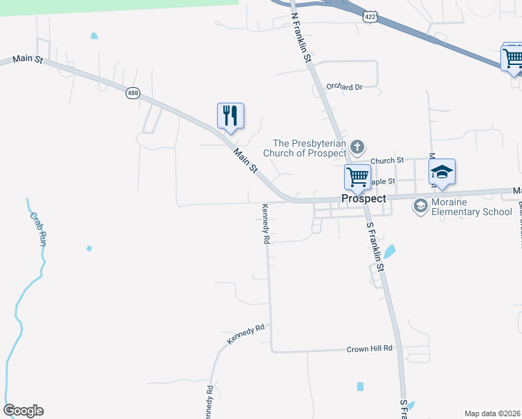 map of restaurants, bars, coffee shops, grocery stores, and more near 100 Wilson Road in Prospect