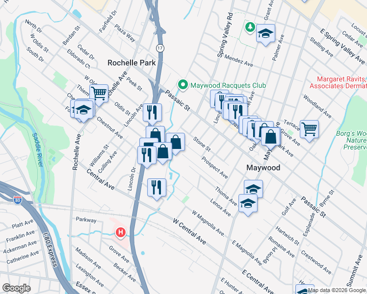 map of restaurants, bars, coffee shops, grocery stores, and more near 182 Prospect Avenue in Maywood