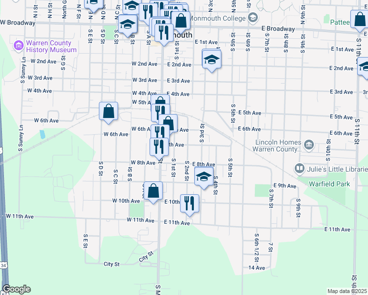 map of restaurants, bars, coffee shops, grocery stores, and more near 802 South 2nd Street in Monmouth