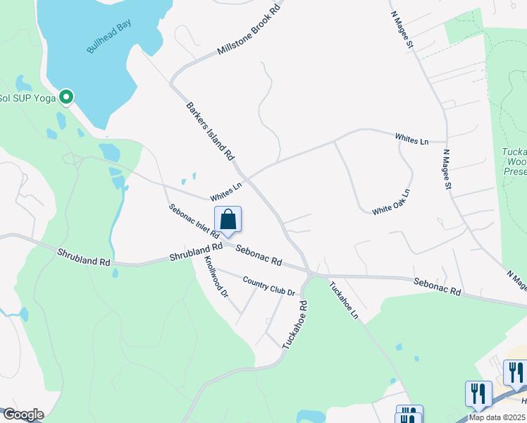 map of restaurants, bars, coffee shops, grocery stores, and more near 55 Barkers Island Road in Southampton