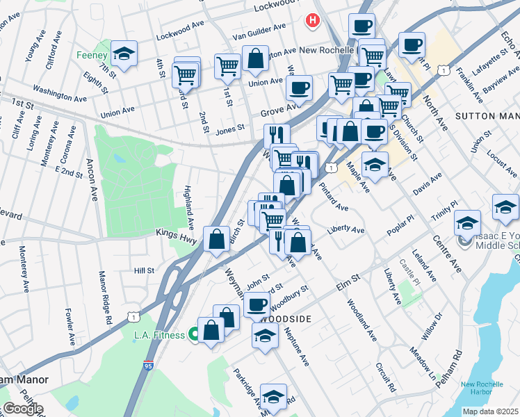 map of restaurants, bars, coffee shops, grocery stores, and more near 30 Cliff Street in New Rochelle