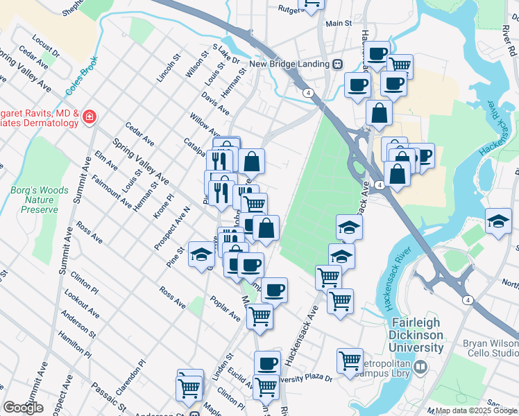 map of restaurants, bars, coffee shops, grocery stores, and more near 87 Burlews Court in Hackensack