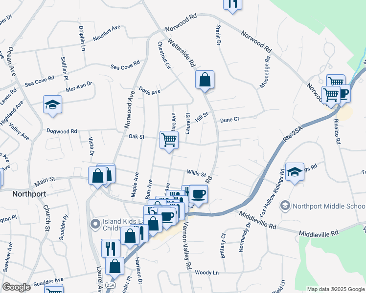map of restaurants, bars, coffee shops, grocery stores, and more near 80 Oak Street in Northport