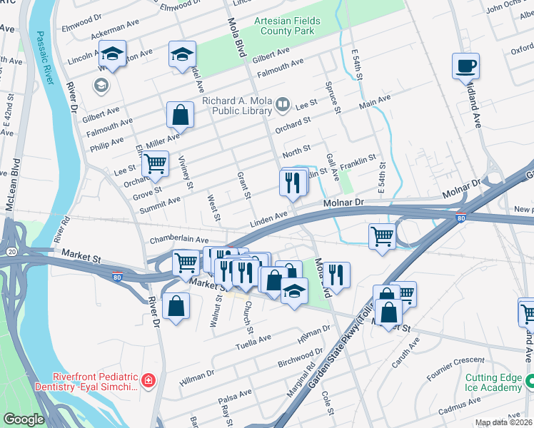 map of restaurants, bars, coffee shops, grocery stores, and more near 40 Linden Avenue in Elmwood Park