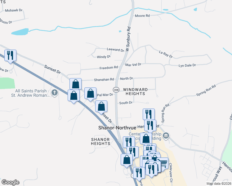 map of restaurants, bars, coffee shops, grocery stores, and more near 134 West Sunbury Road in Butler