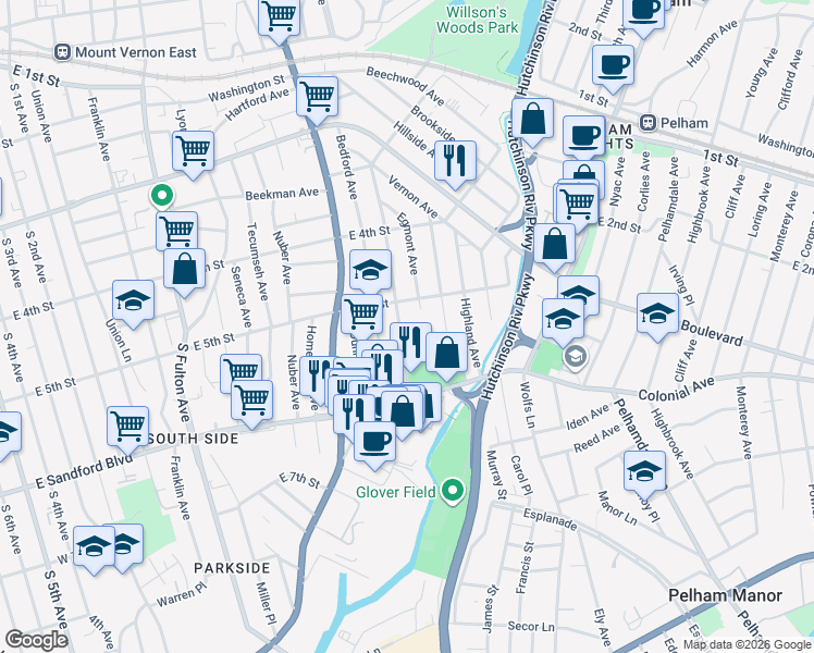 map of restaurants, bars, coffee shops, grocery stores, and more near 429 Garden Avenue in Mount Vernon