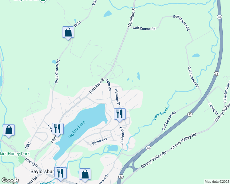 map of restaurants, bars, coffee shops, grocery stores, and more near 608 Williams Street in Saylorsburg