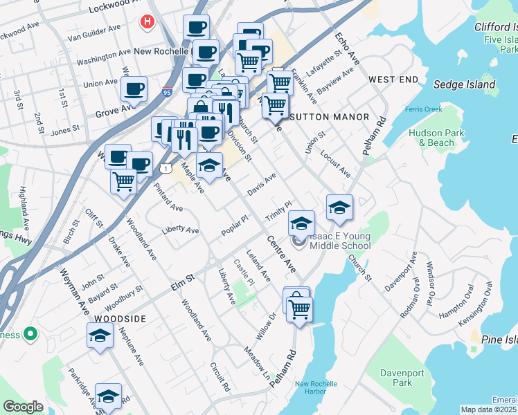 map of restaurants, bars, coffee shops, grocery stores, and more near 219 Centre Avenue in New Rochelle
