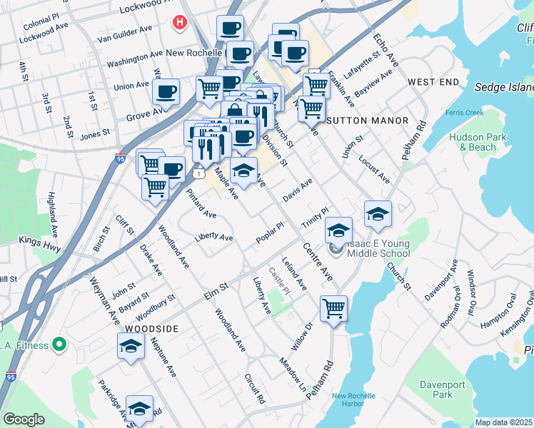 map of restaurants, bars, coffee shops, grocery stores, and more near 16 Bancker Place in New Rochelle