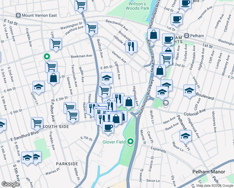 map of restaurants, bars, coffee shops, grocery stores, and more near 429 Garden Avenue in Mount Vernon