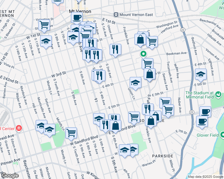 map of restaurants, bars, coffee shops, grocery stores, and more near 325 Trinity Place East in Mount Vernon