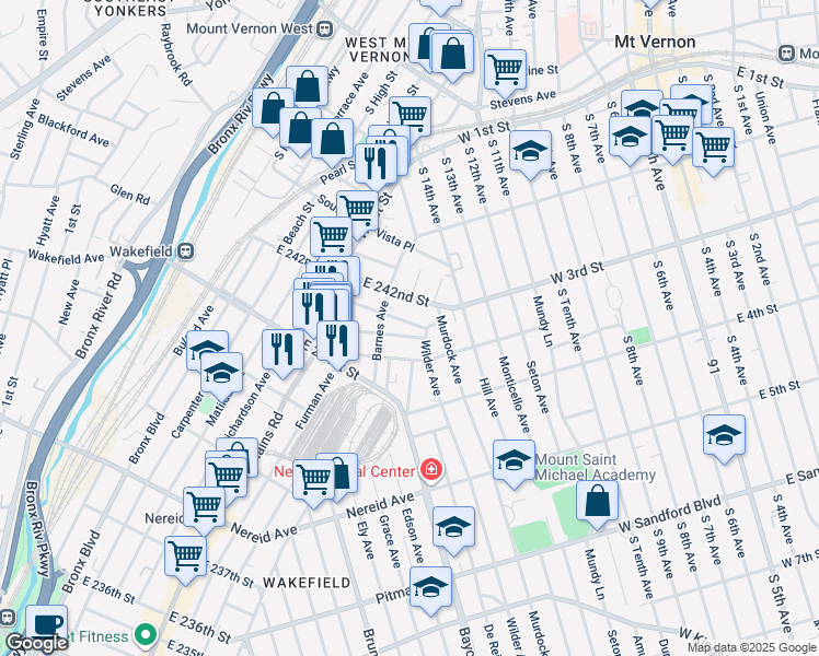 map of restaurants, bars, coffee shops, grocery stores, and more near 832 Saint Ouen Street in Bronx