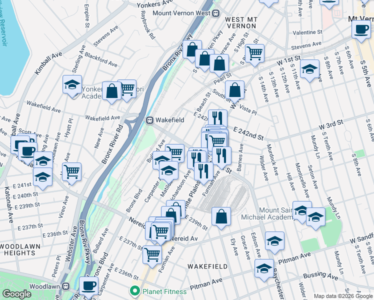 map of restaurants, bars, coffee shops, grocery stores, and more near 4630 Matilda Avenue in The Bronx