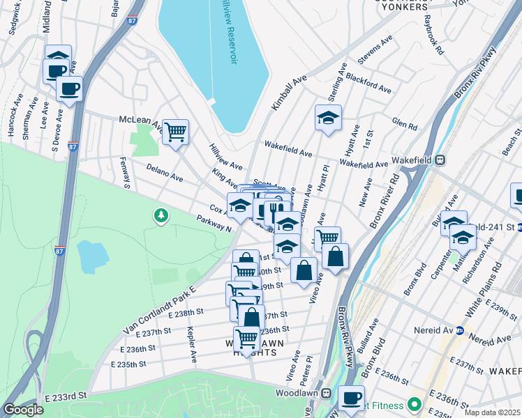 map of restaurants, bars, coffee shops, grocery stores, and more near 3 Glover Avenue in Yonkers