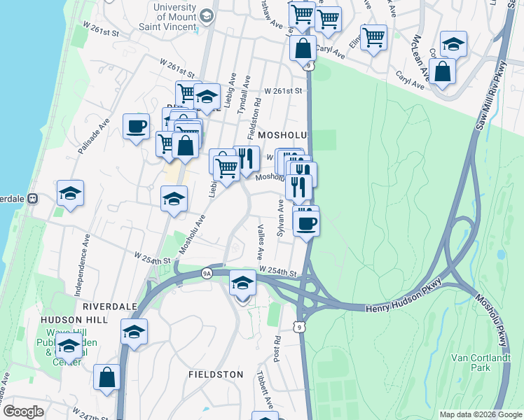 map of restaurants, bars, coffee shops, grocery stores, and more near in The Bronx