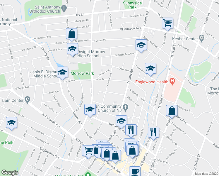 map of restaurants, bars, coffee shops, grocery stores, and more near 186 Central Avenue in Englewood