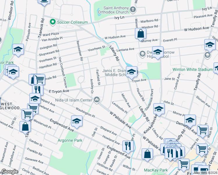 map of restaurants, bars, coffee shops, grocery stores, and more near 53 Oakland Street in Englewood