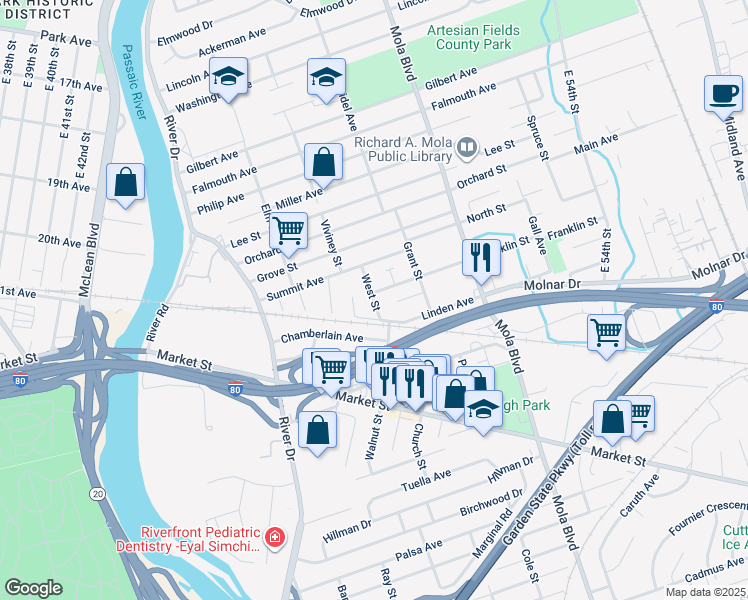 map of restaurants, bars, coffee shops, grocery stores, and more near 15 Linden Avenue in Elmwood Park